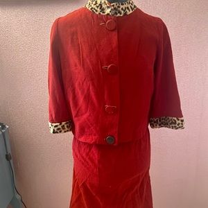 Vintage 1950s red + leopard print skirt + jacket